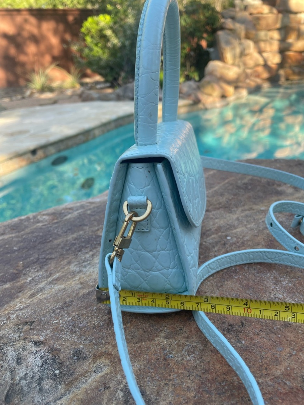 BY FAR Light Blue Croc-Embossed Mini Top-Handle Bag with Crossbody Strap (CdlG) - Picture 8 of 12